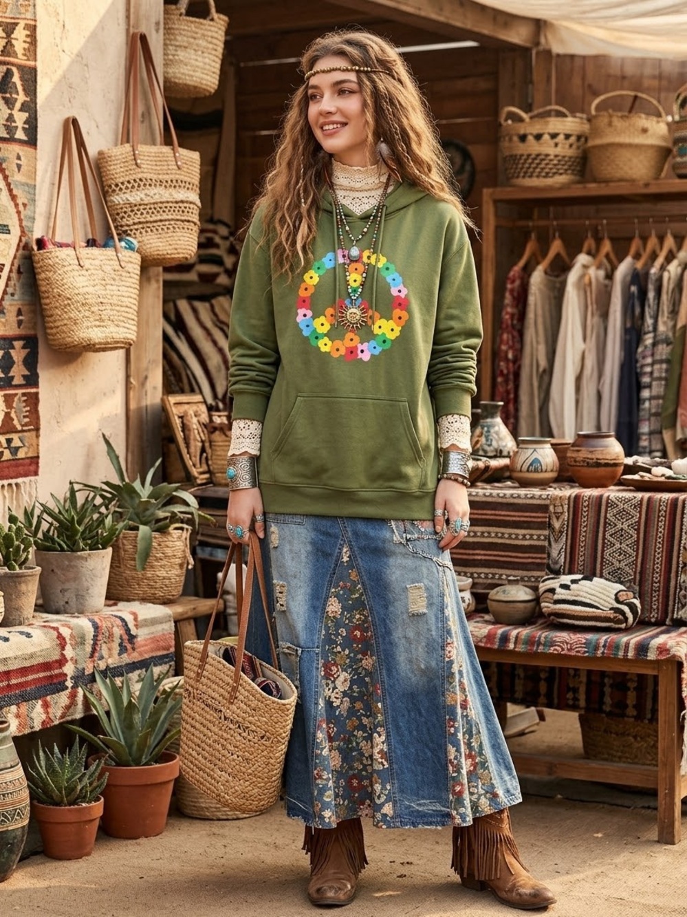 The Phluid Project New Tags Olive Green Floral Peace Sign Crewneck Hoodie Large